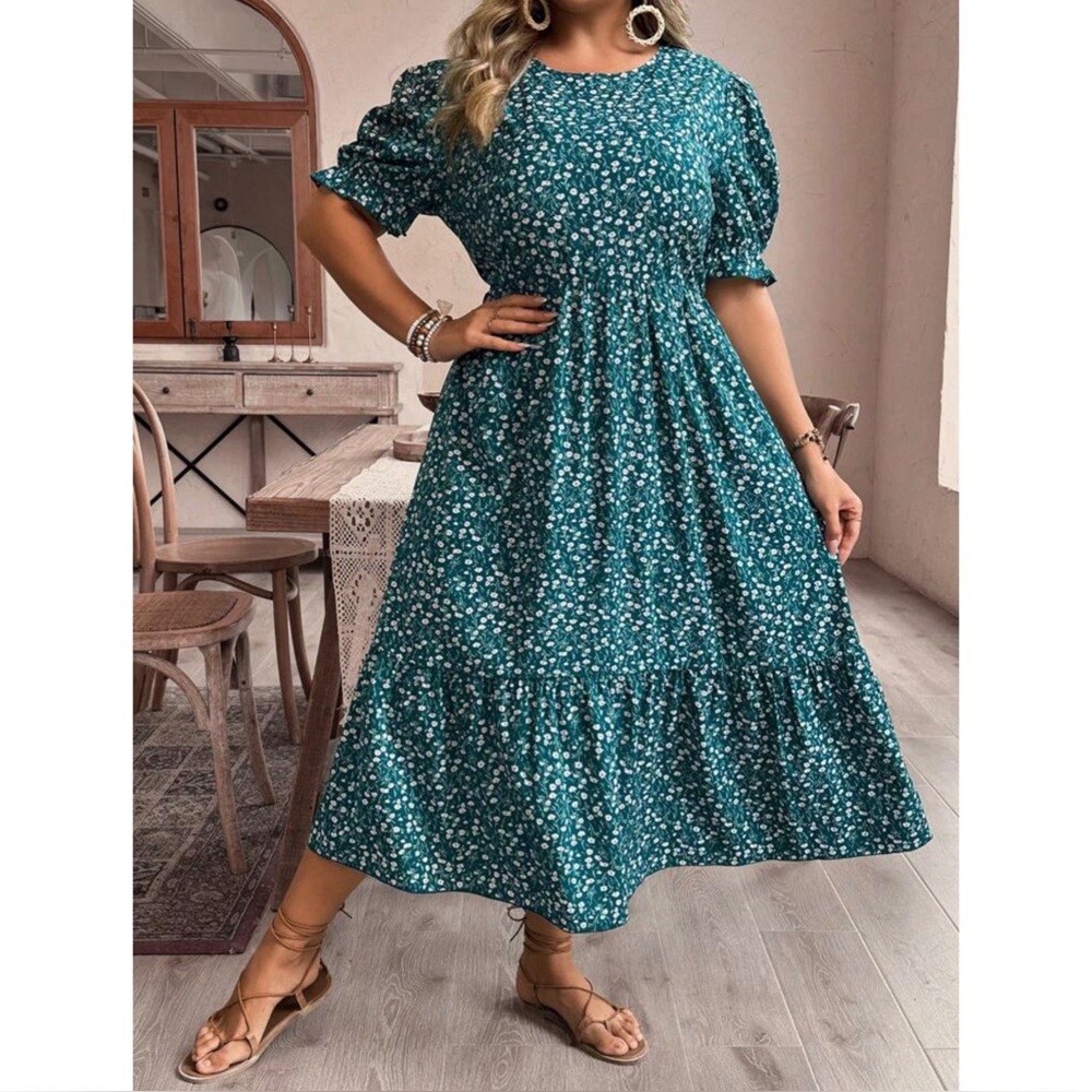SHEIN Plus Size Puff Sleeve Floral Long Dress